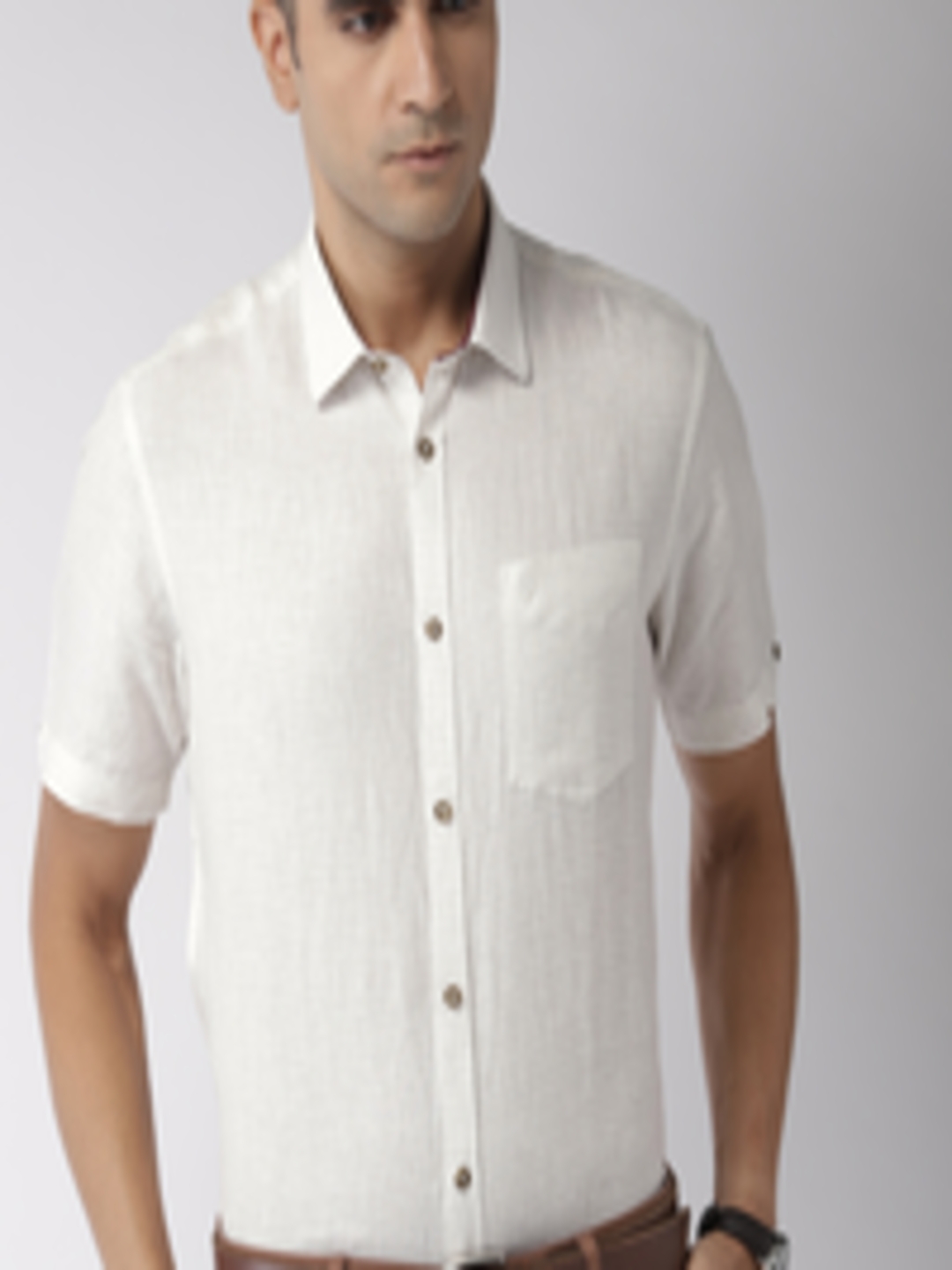 Buy Indian Terrain Men Off White Regular Fit Checked Casual Linen Shirt ...