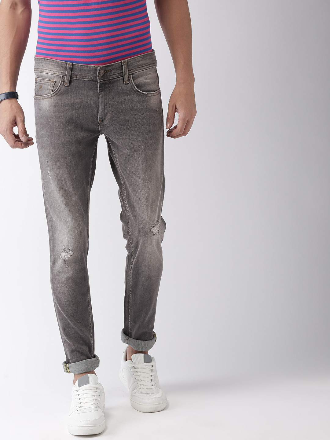 Buy Indian Terrain Men Grey Skinny Kruger Fit Low Rise Low Distressed Stretchable Jeans - Jeans 