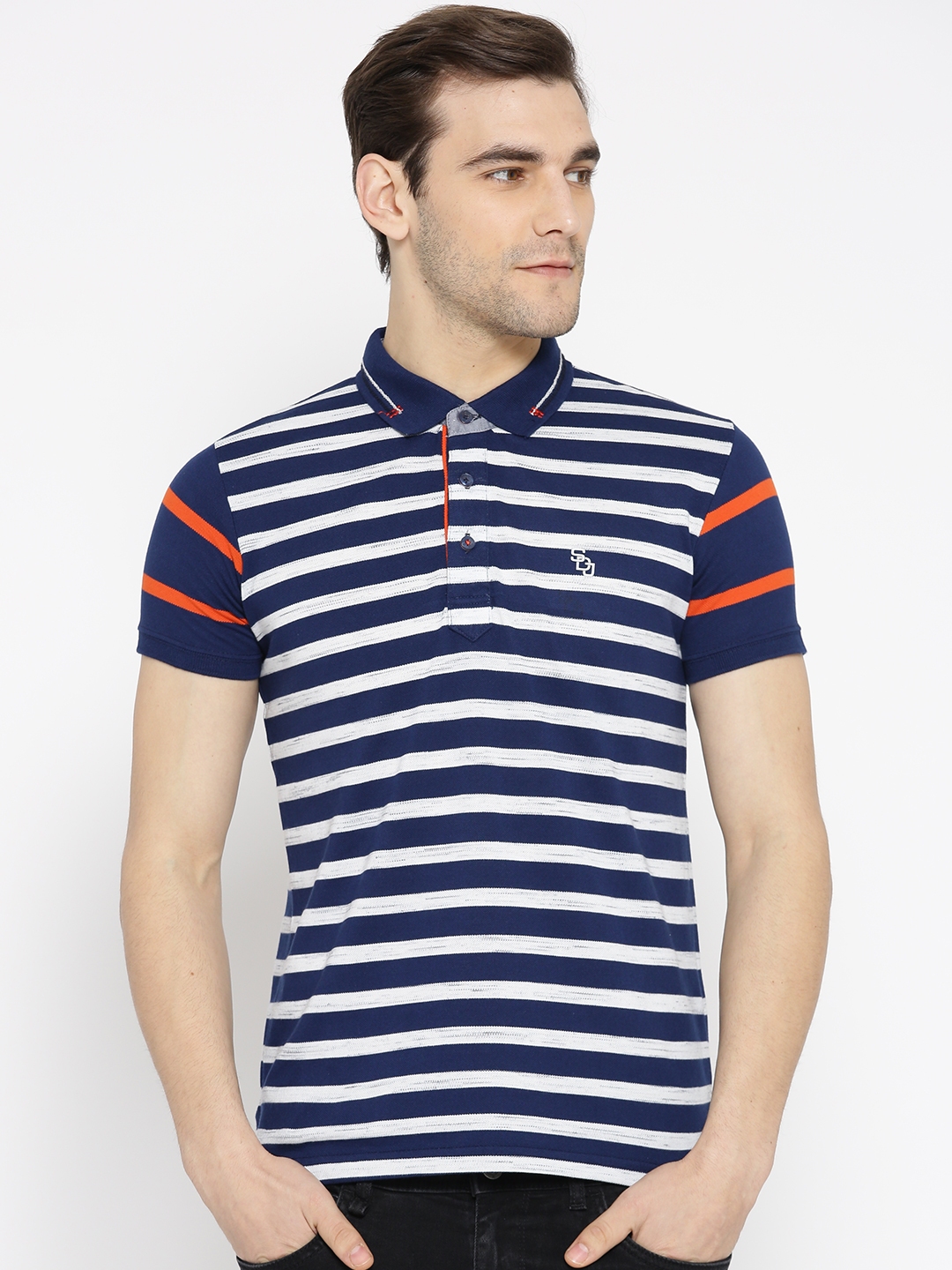 Buy Duke Men Navy Blue & Off White Striped Polo Collar T Shirt ...