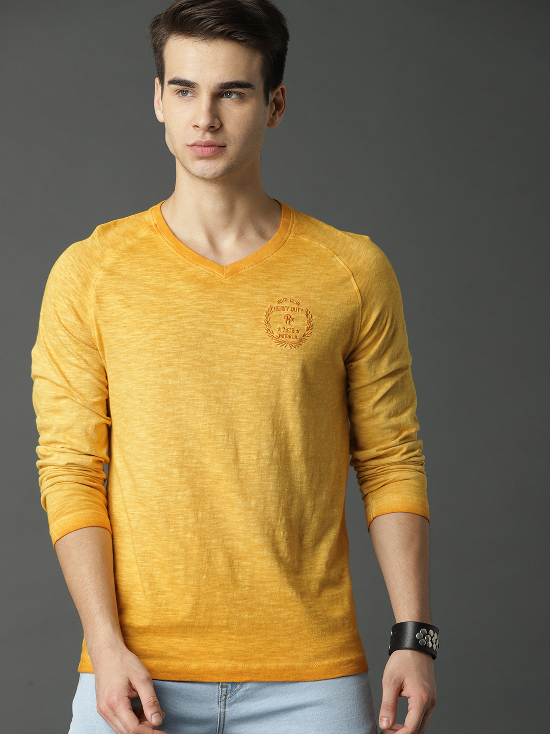 Buy Roadster Men Mustard Yellow Solid Washed V Neck Pure Cotton T Shirt