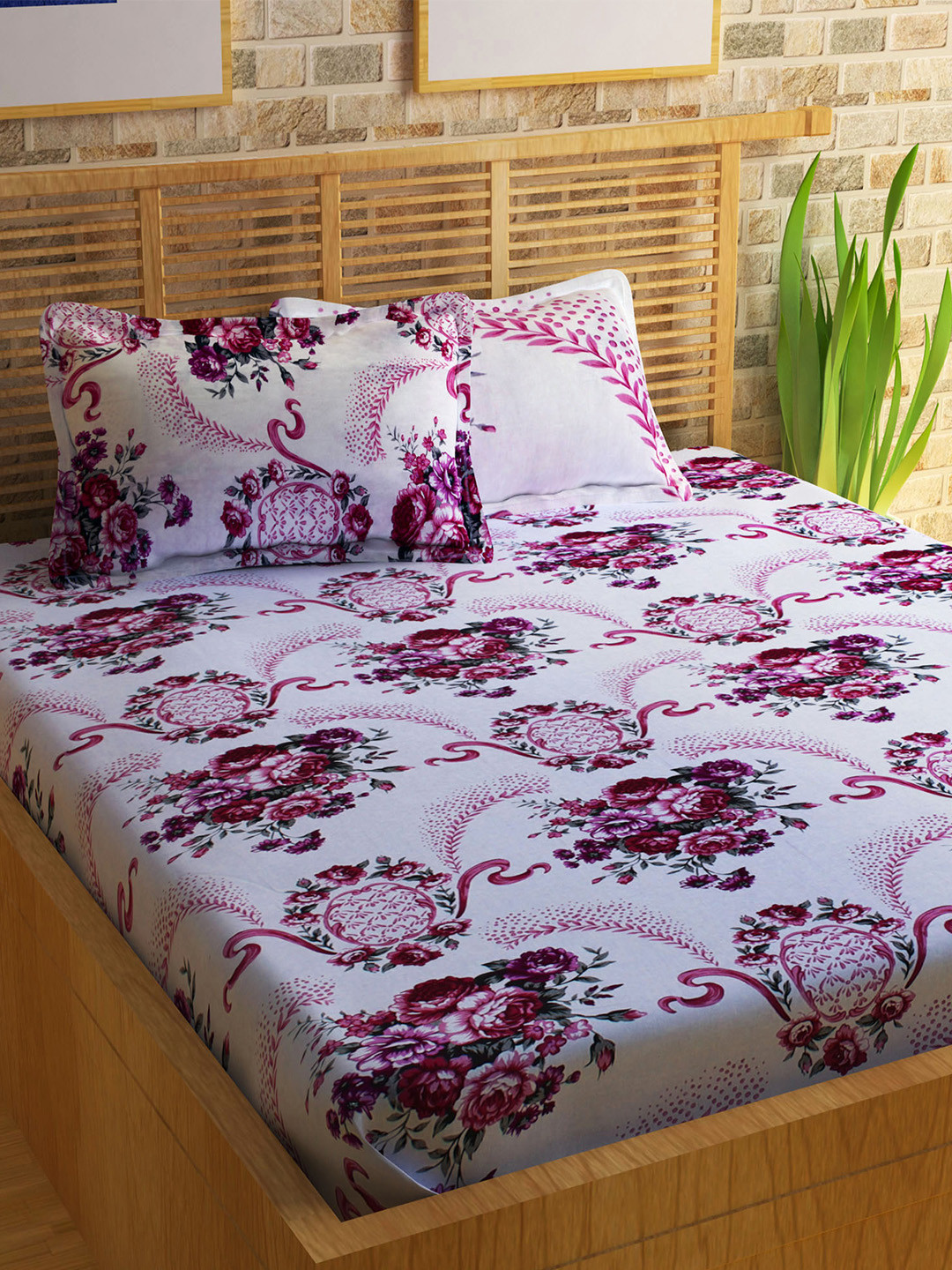 Buy Storyhome Cream Coloured Fitted And Flat 160 TC 1 Double Bedsheet With 2 Pillow Covers