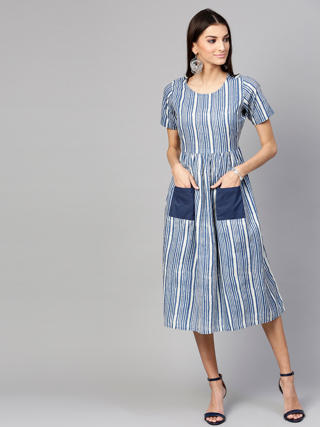 Women Blue Striped A-Line Dress