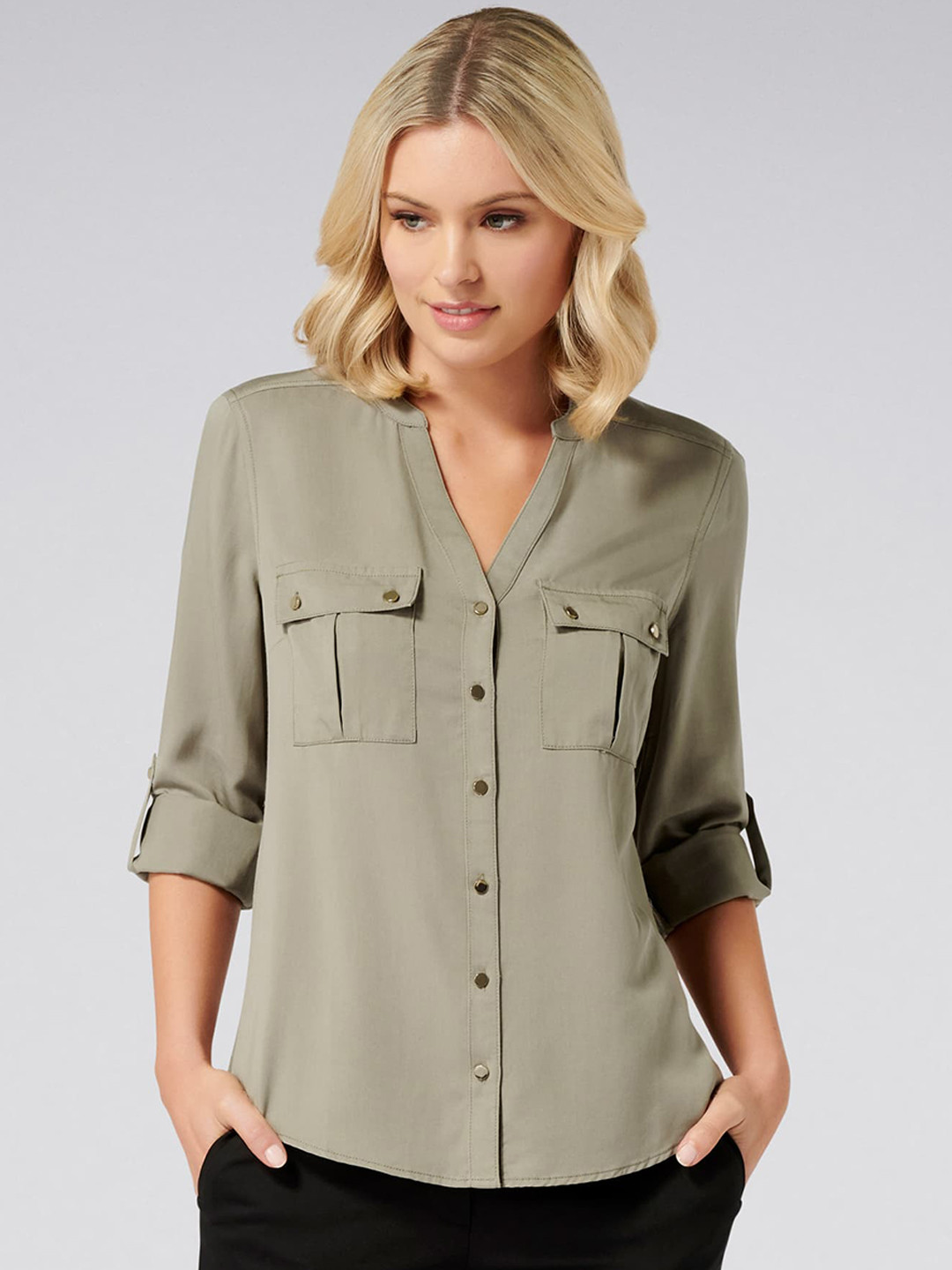 Women's Green Roll Up Sleeves Cotton Shirt Dress