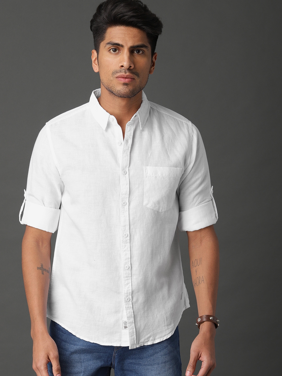 Buy Roadster Men White Cotton Linen Sustainable Shirt - Shirts for Men ...