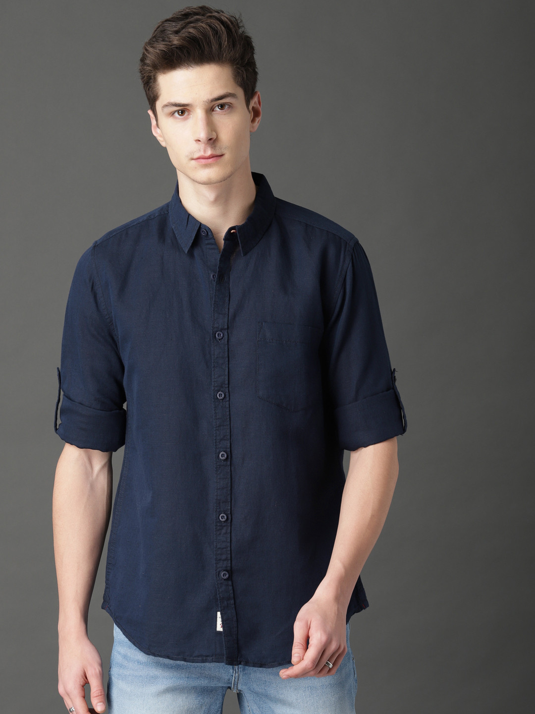 Buy Roadster Men Navy Blue Cotton Linen Casual Shirt Shirts for Men