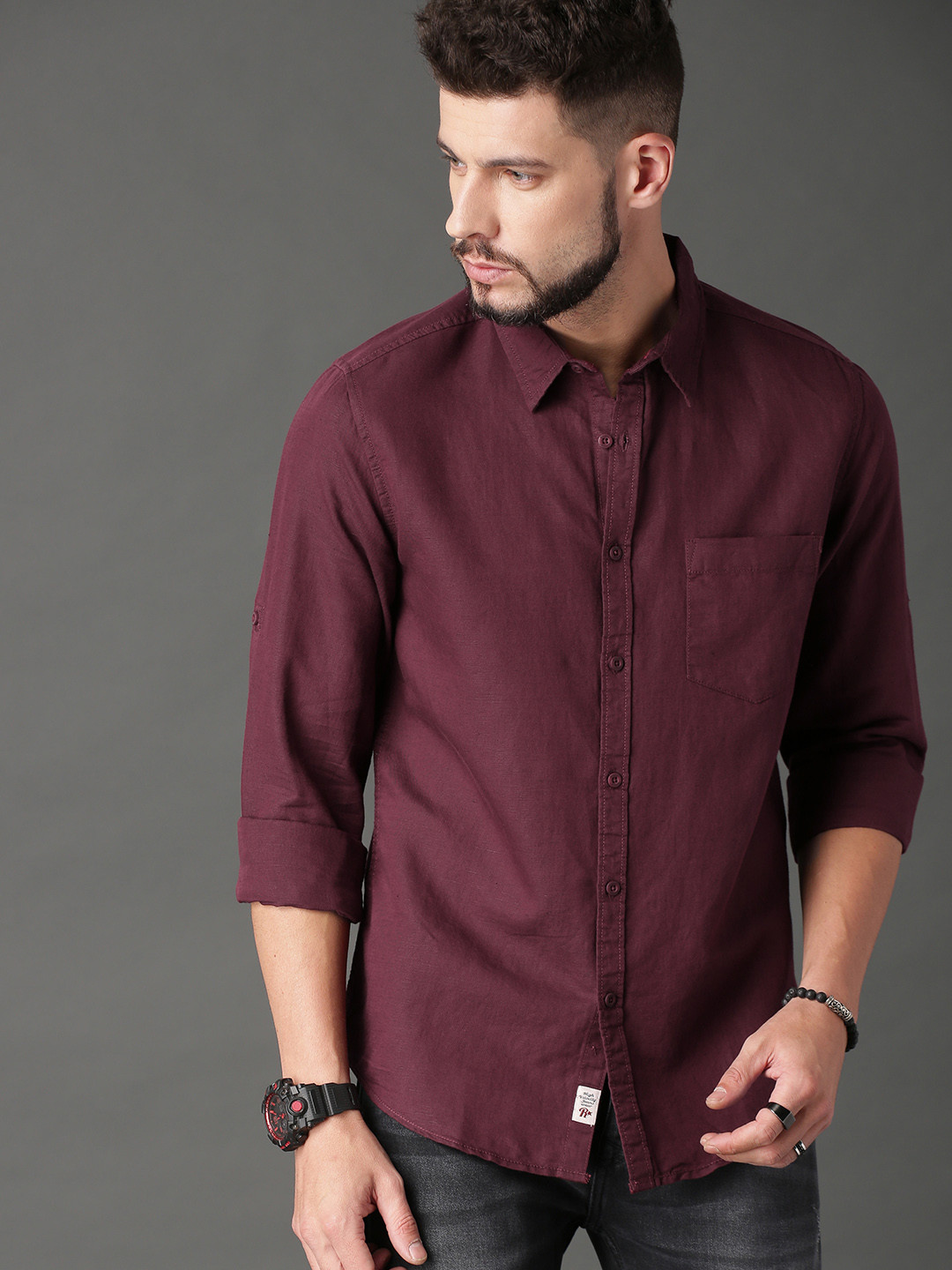 Buy Roadster Men Burgundy Cotton Linen Casual Sustainable Shirt