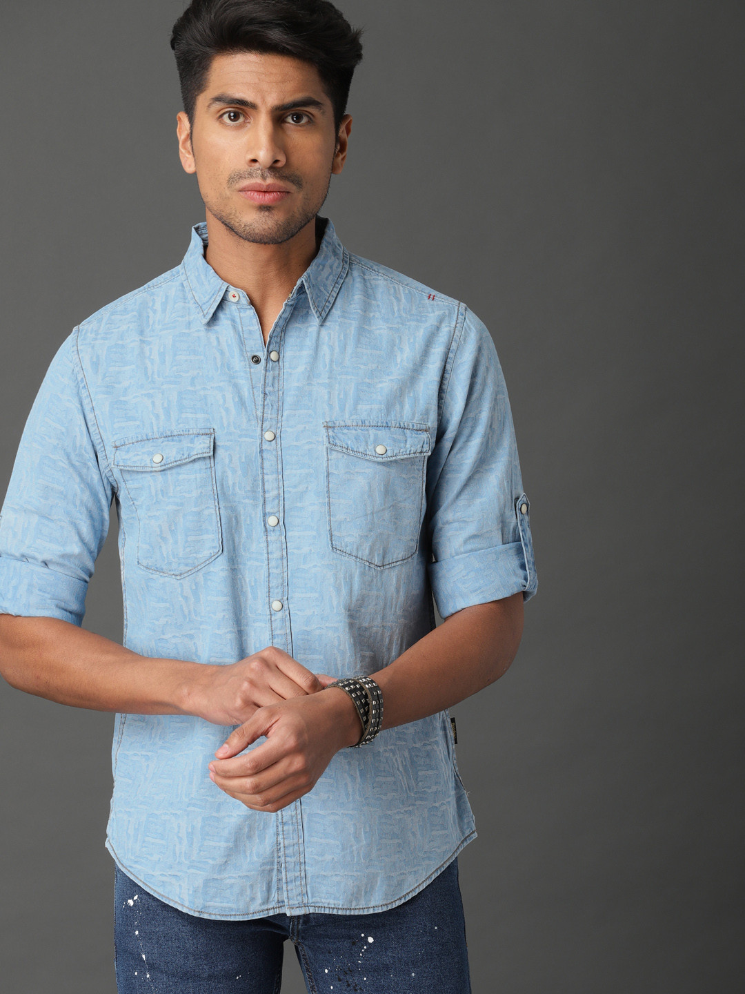 Buy Roadster Men Blue Jacquard Indigo Shirt Slim Fit Denim Shirt