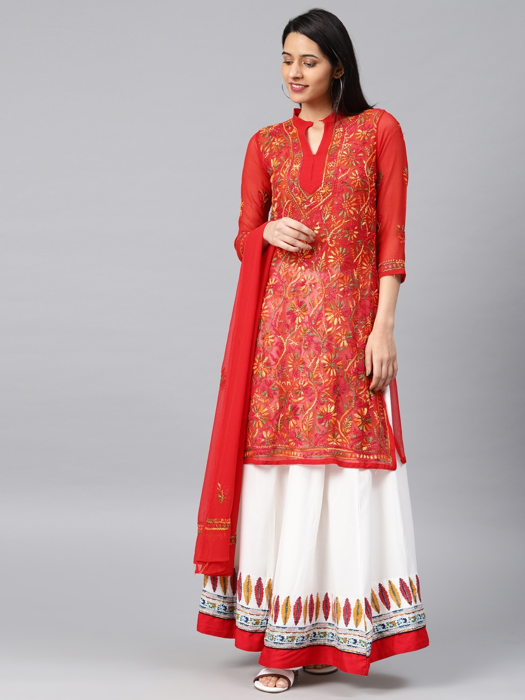 red chikan kurta