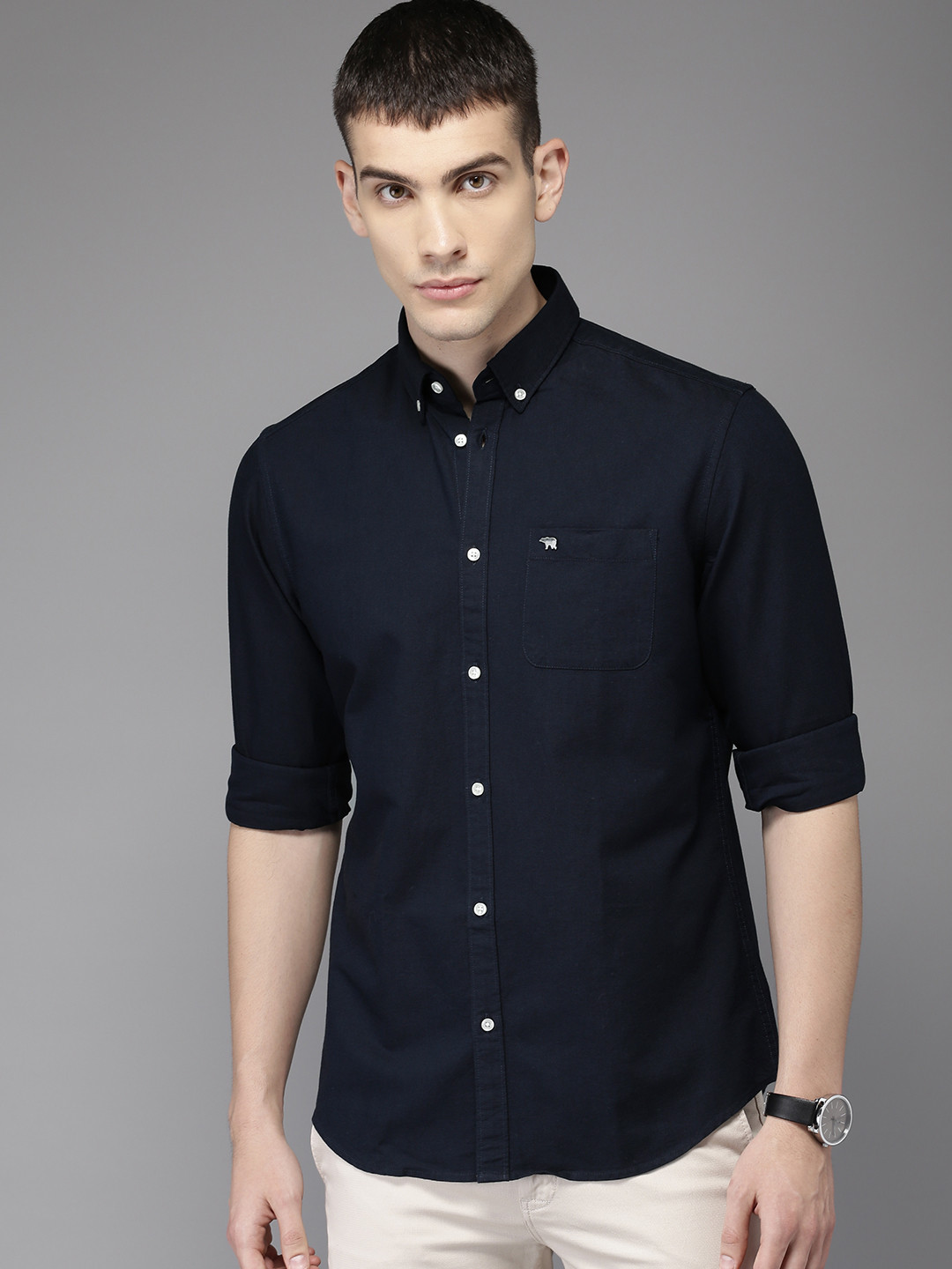 Buy THE BEAR HOUSE Men Navy Blue Club Slim Fit Solid Oxford Casual