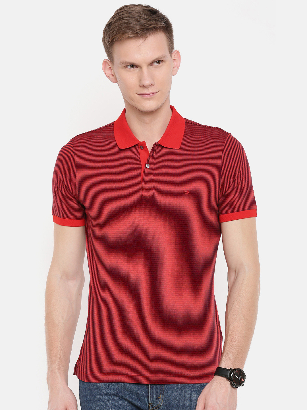 Buy Calvin Klein Jeans Men Red Striped Polo Pure Cotton T Shirt