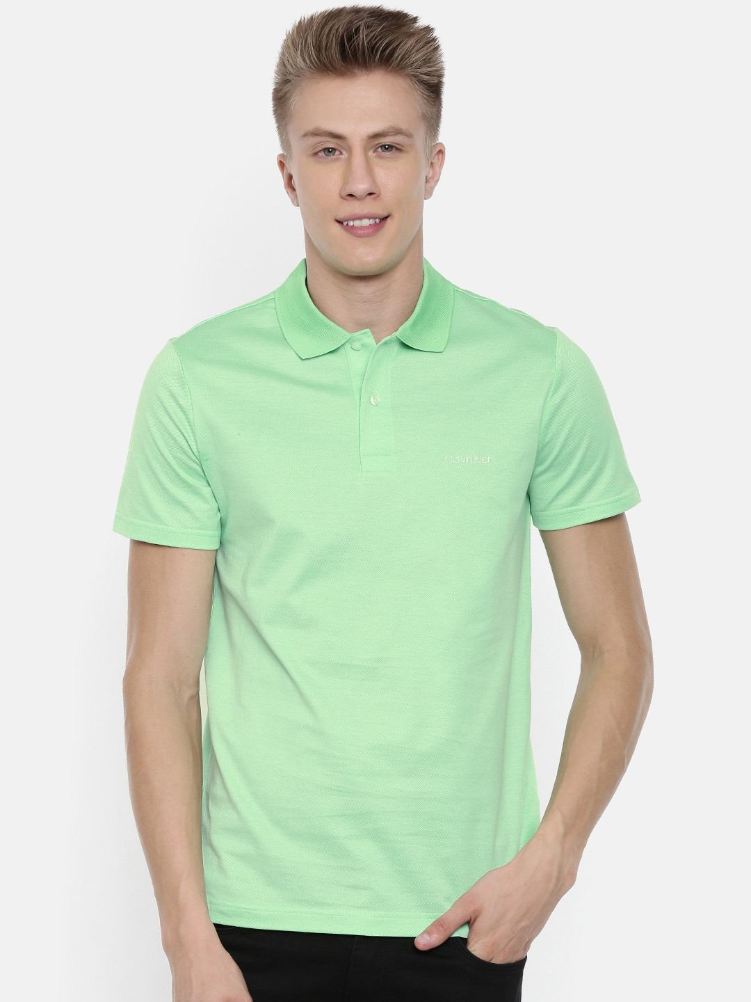 Buy Calvin Klein Jeans Men Green Solid Polo Collar Pure Cotton T Shirt