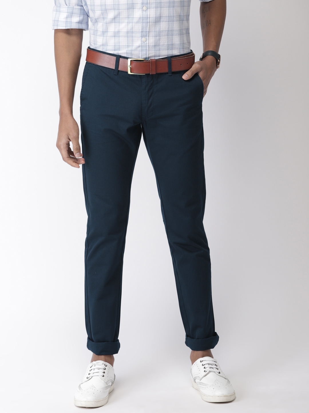 Buy Indian Terrain Men Teal Blue Slim Fit Solid Regular Trousers ...