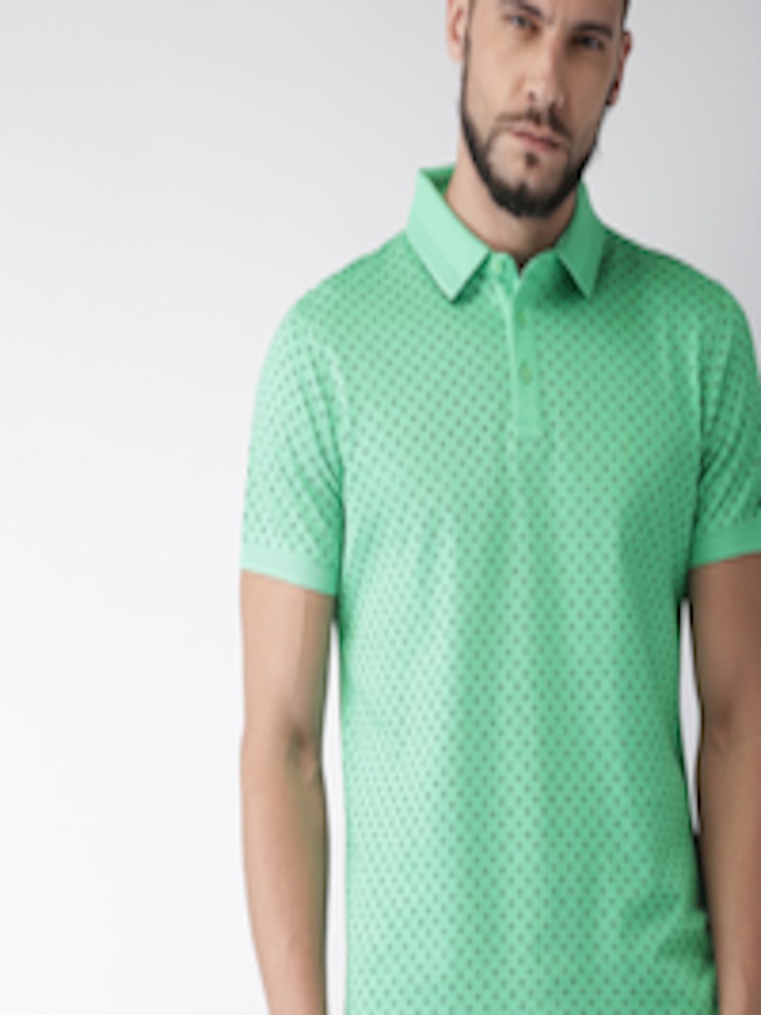 Buy Indian Terrain Men Green Printed Polo Collar Pure Cotton T Shirt ...