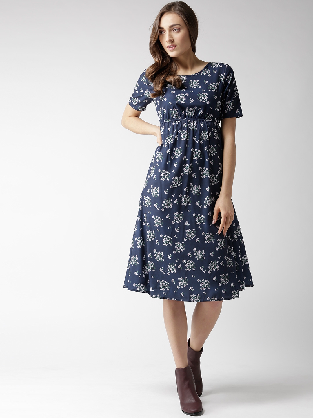 Buy Hubberholme Women Navy Blue & White Printed Empire Dress - Dresses ...
