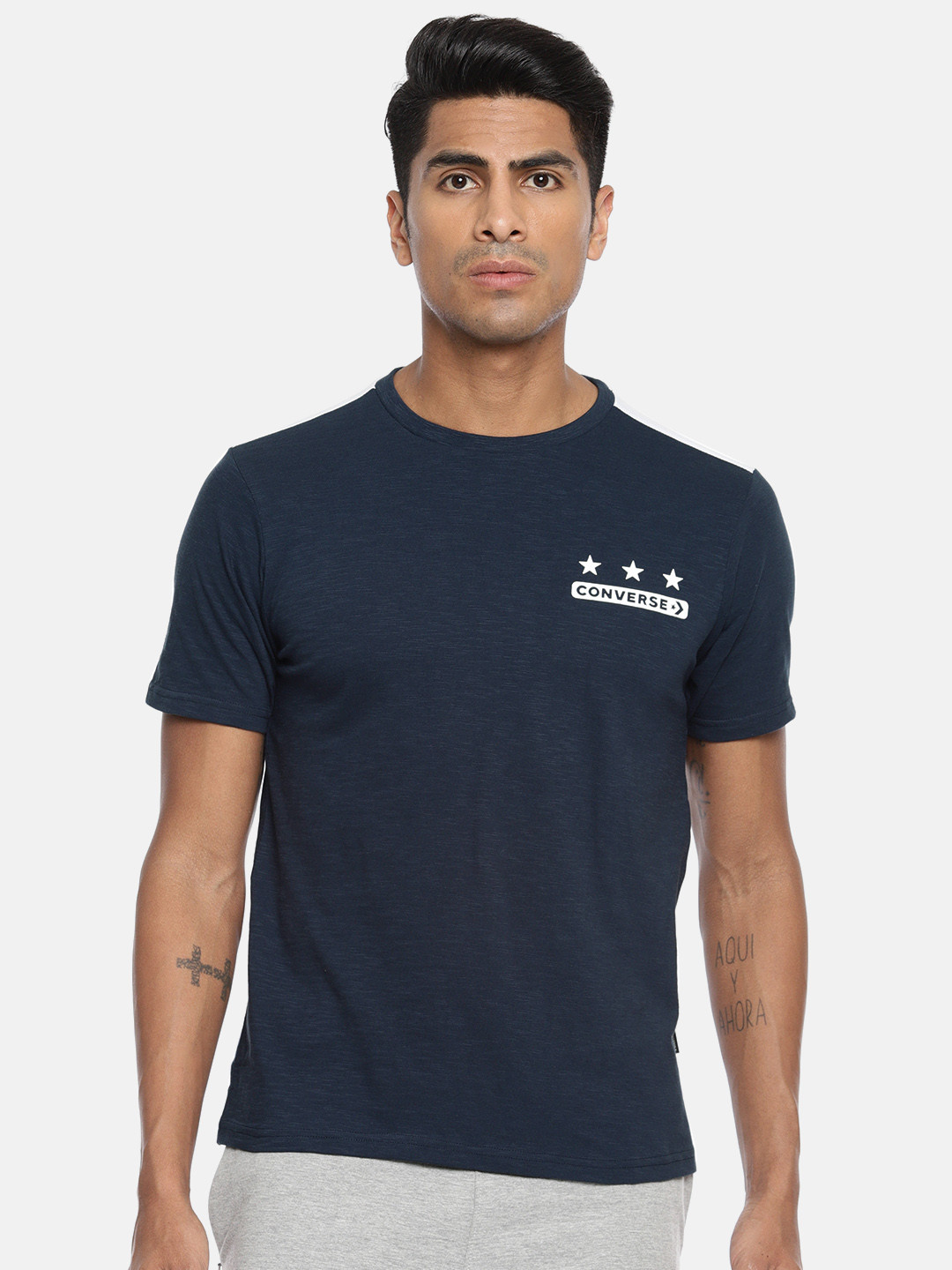 Buy Converse Men Navy Blue Solid Round Neck Pure Cotton T Shirt