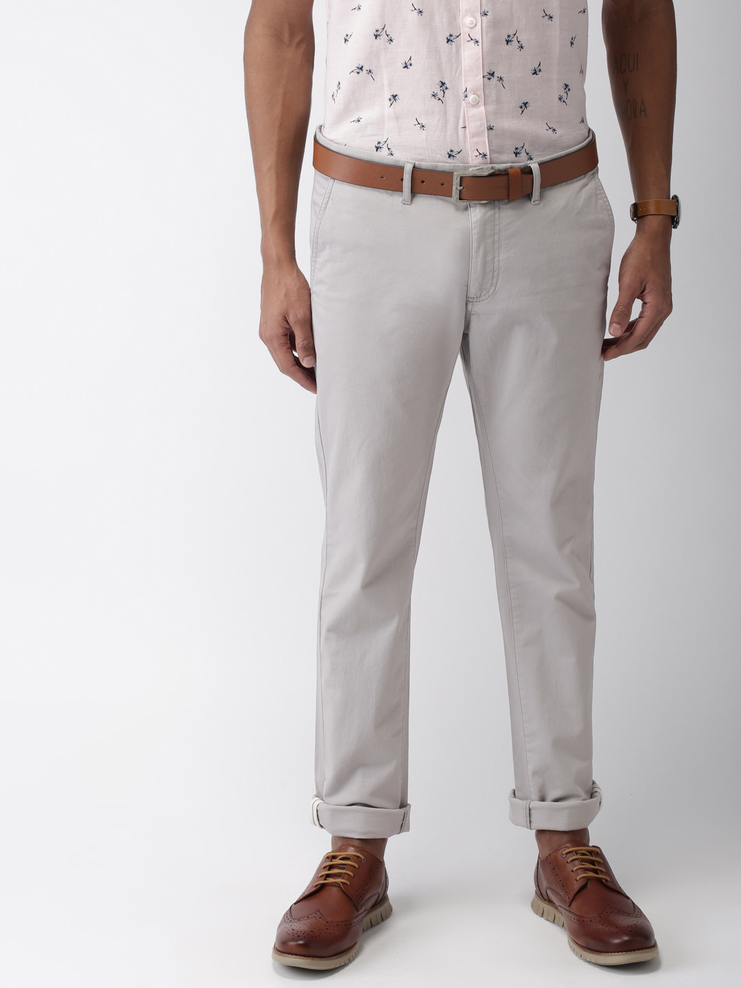 Buy Indian Terrain Men Grey Brooklyn Slim Fit Solid Chinos - Trousers ...