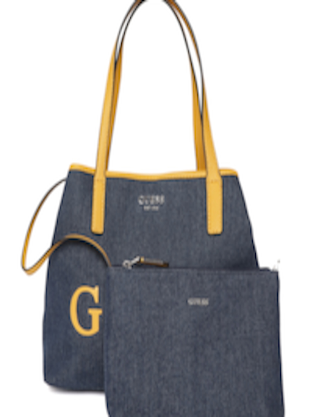 Buy GUESS Navy Blue Printed Denim Shoulder Bag With Pouch - Handbags ...