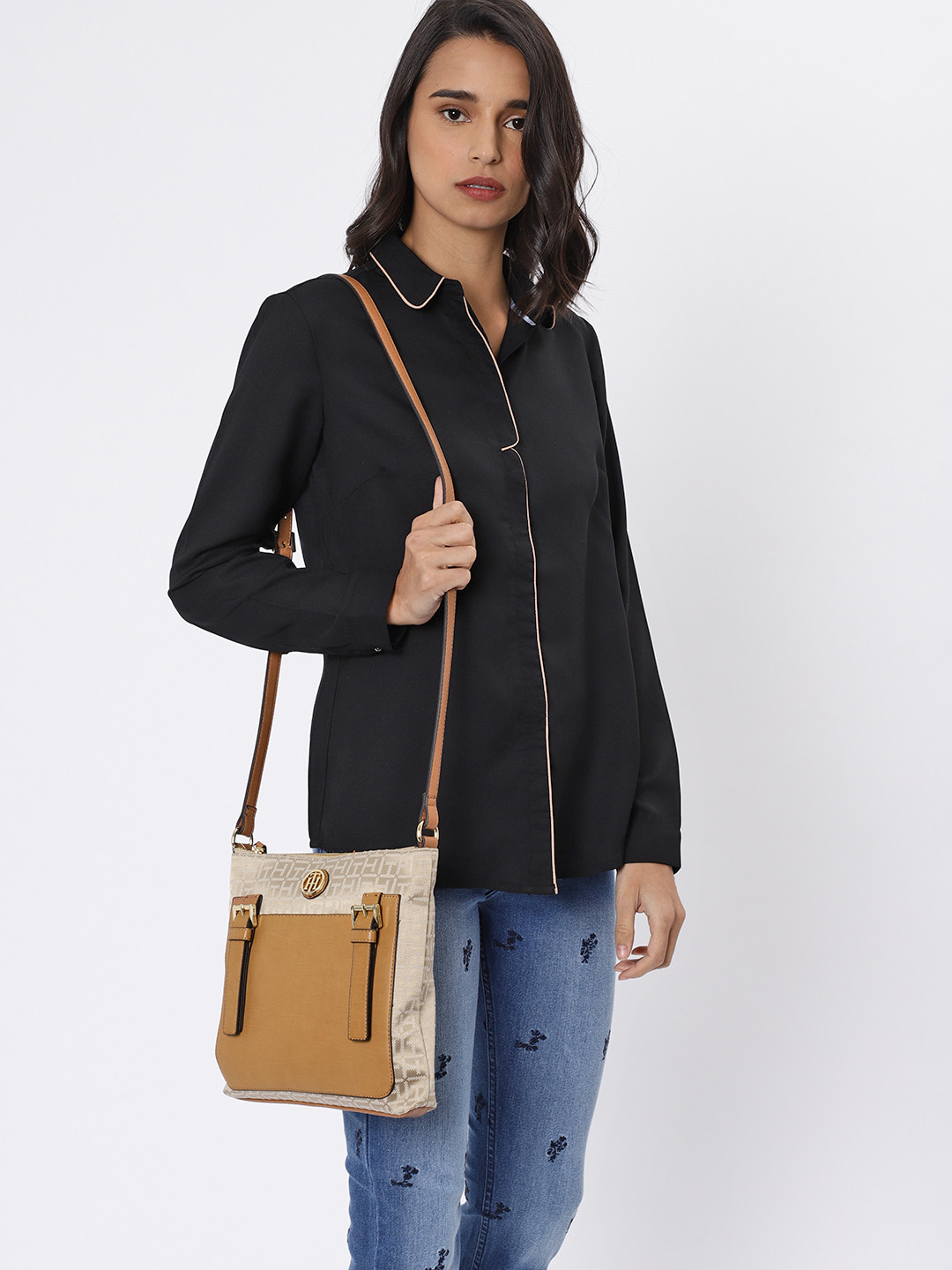 Buy Tommy Hilfiger Brown Textured Sling Bag Handbags for Women