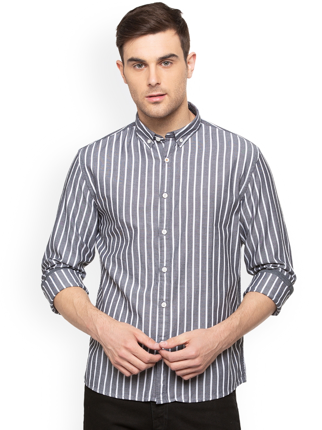 Buy People Men Grey & White Regular Fit Striped Casual Shirt - Shirts ...