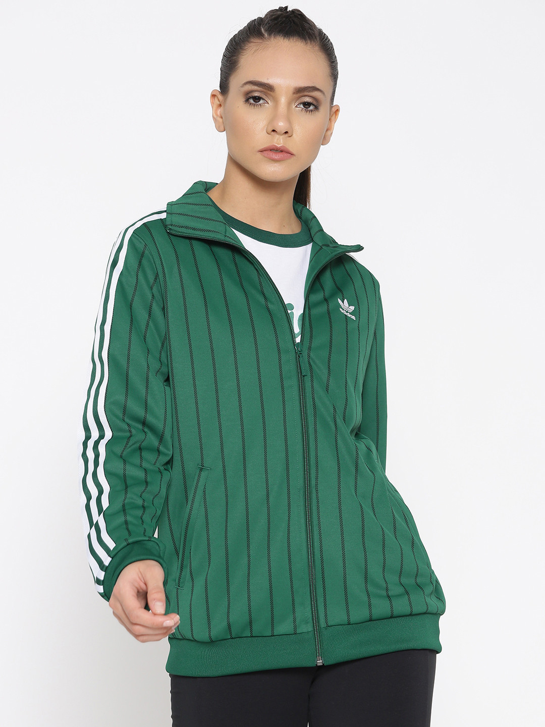 Buy ADIDAS Originals Women Green & Black Striped Track Jacket Jackets