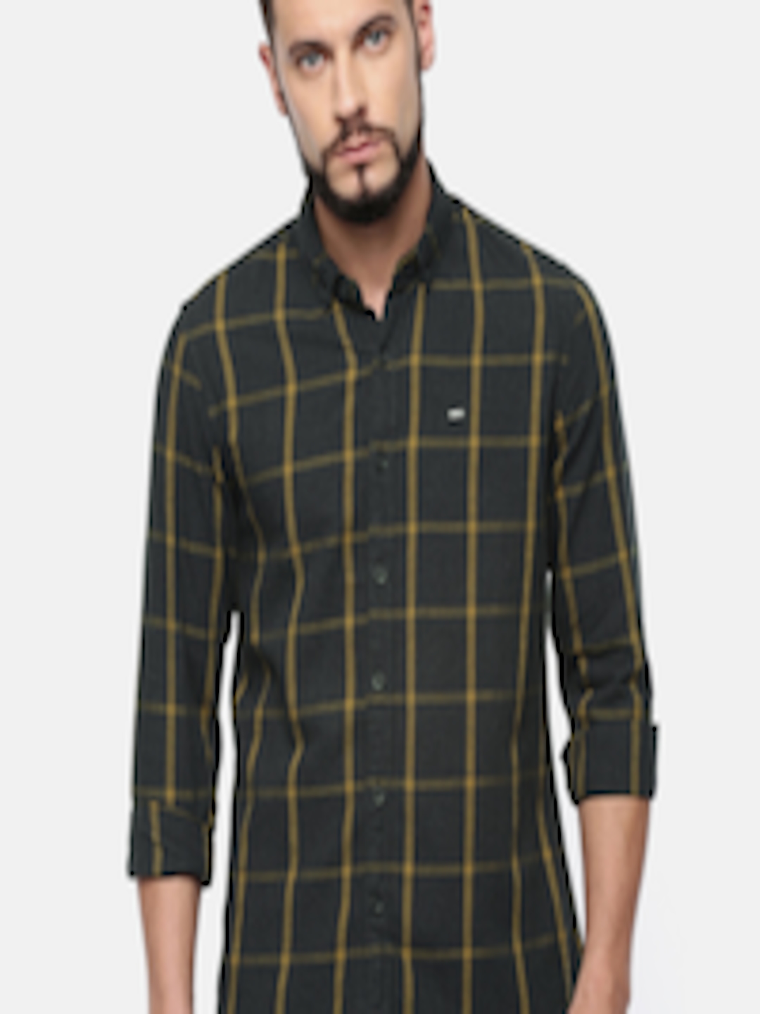 Buy Lee Men Charcoal Grey & Yellow Slim Fit Checked Casual Shirt ...