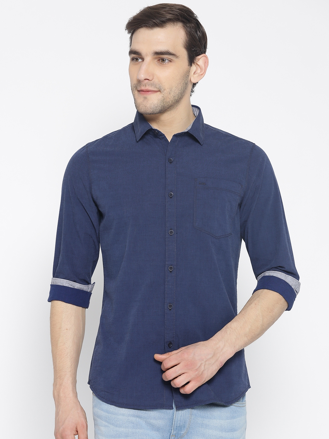 Buy Lee Men Navy Blue Slim Fit Solid Casual Shirt - Shirts for Men ...