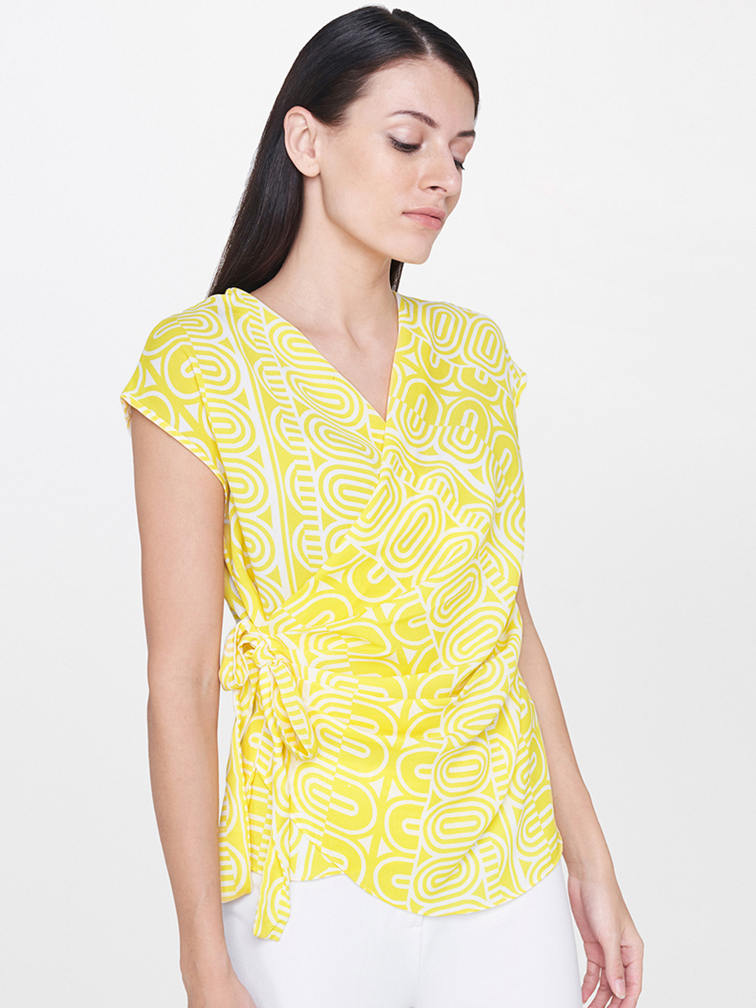 Buy AND Women Yellow & White Printed Wrap Top With Waist Tie Ups Tops