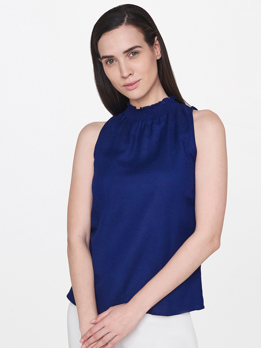 Women's Navy Blue Solid V-Neck Top