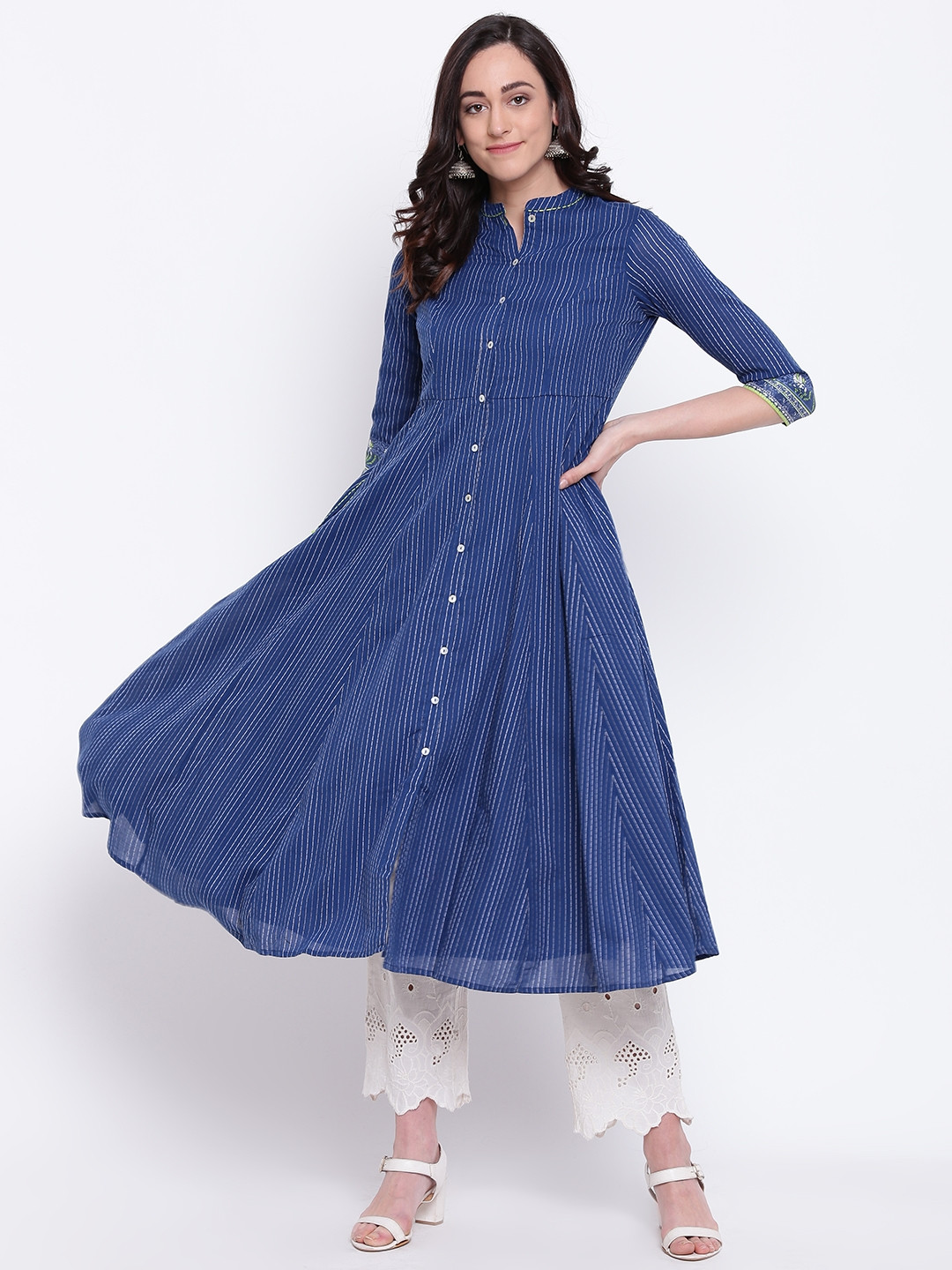 Buy Biba Women Navy Blue Striped Anarkali Kurta Kurtas for Women