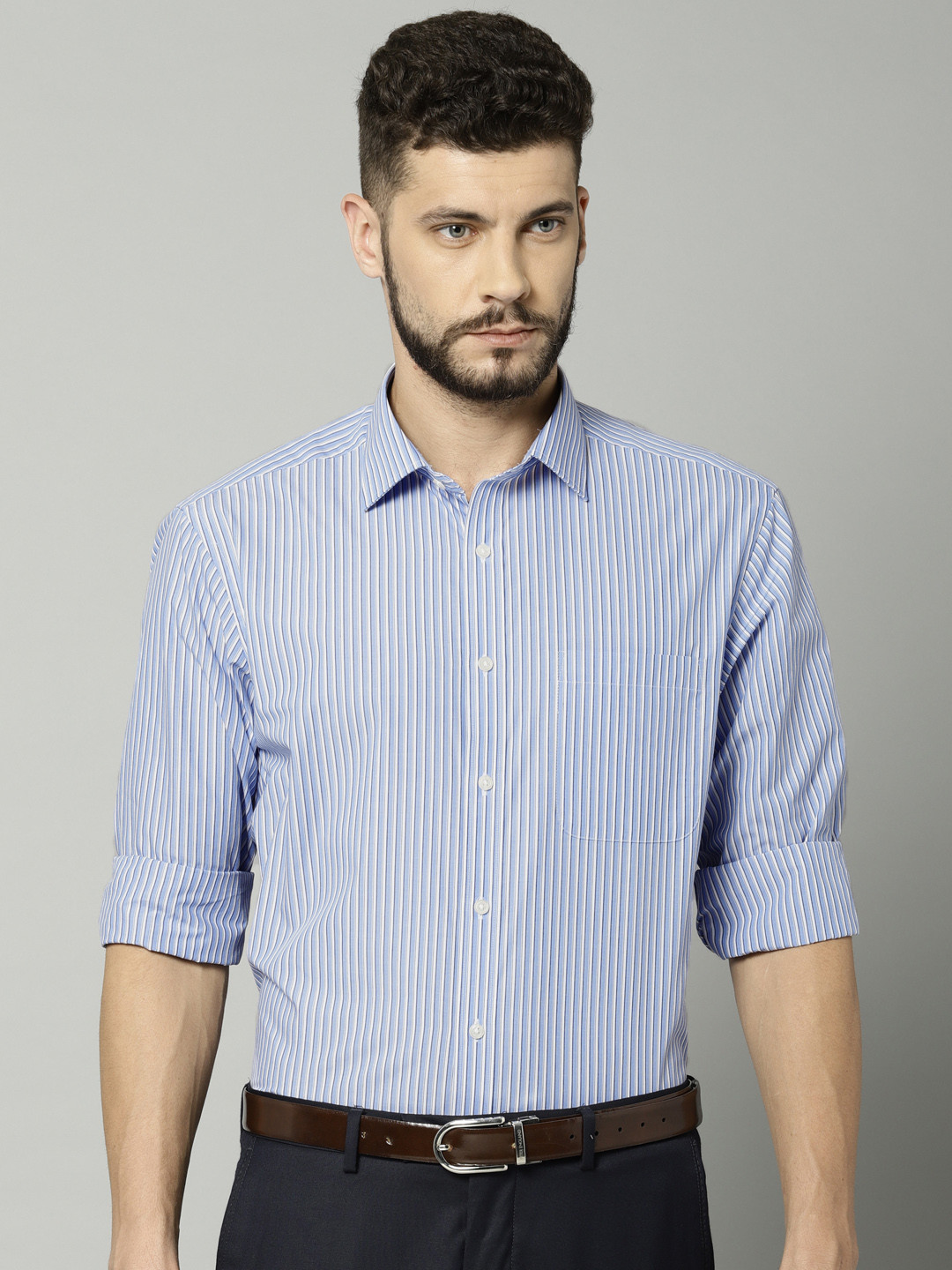 Buy Marks & Spencer Men Blue & White Regular Fit Striped Formal Shirt