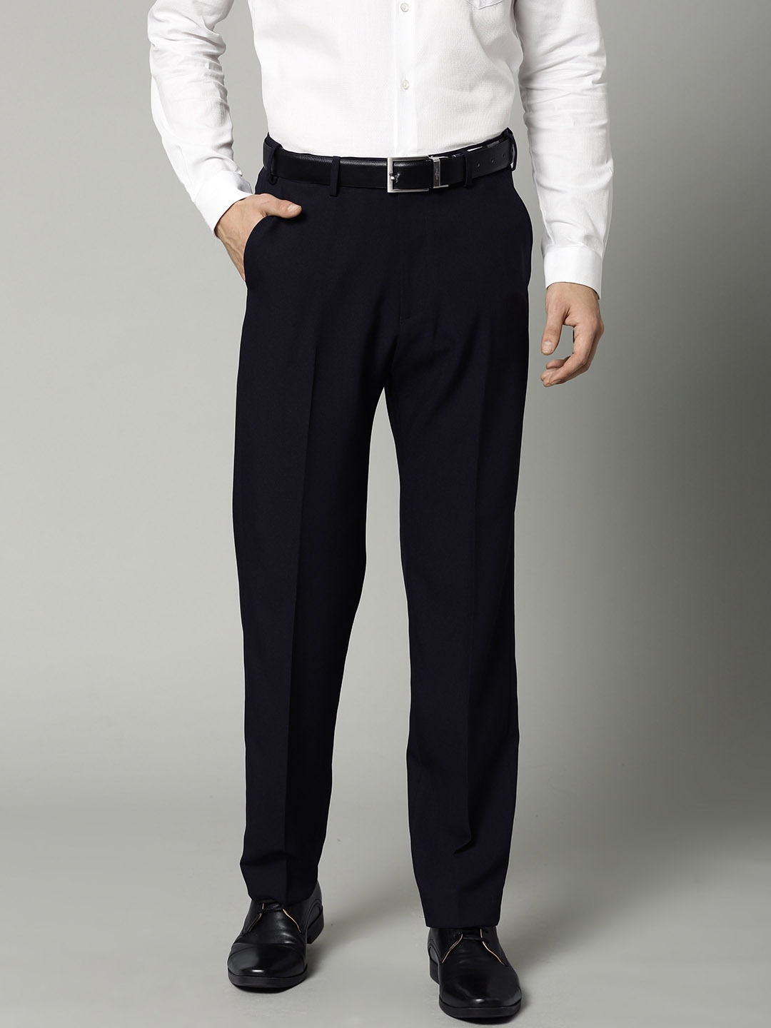 Buy Marks & Spencer Men Navy Blue Regular Fit Solid Formal Trousers ...