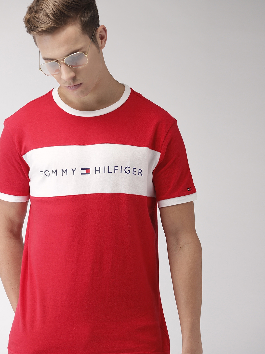 Buy Tommy Hilfiger Men Red & White Colourblocked Round Neck T Shirt ...
