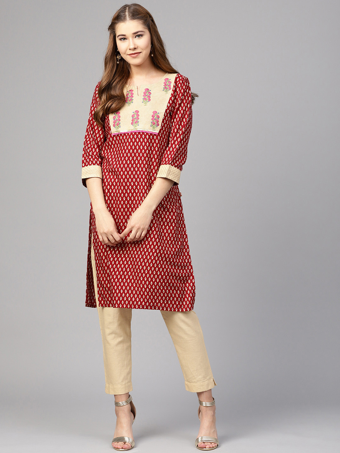 Buy Juniper Women Maroon & Beige Embroidered Straight Kurta - Kurtas for Women 8598001 | Myntra