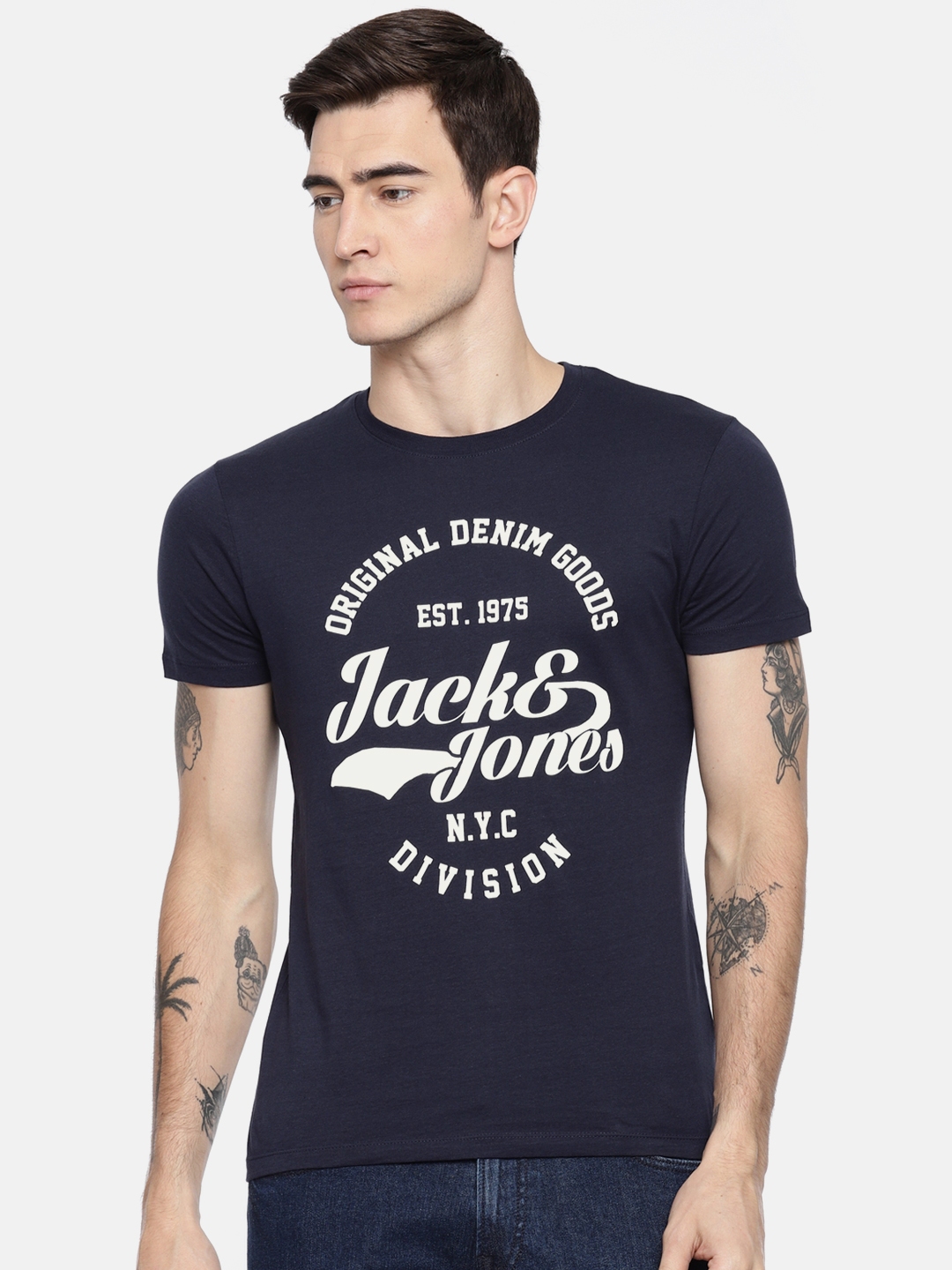 Buy Jack Jones Men Navy Blue Printed Pure Cotton T Shirt - Tshirts for ...