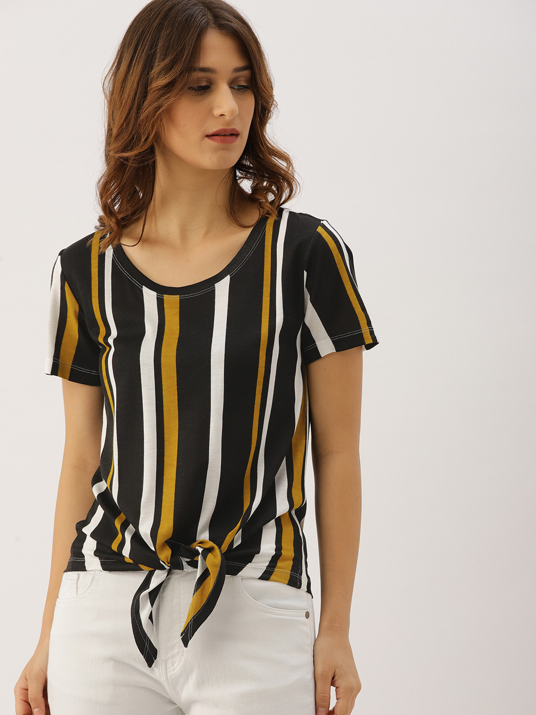 Buy Ms.Taken Women Black & Mustard Yellow Striped Top Tops for Women