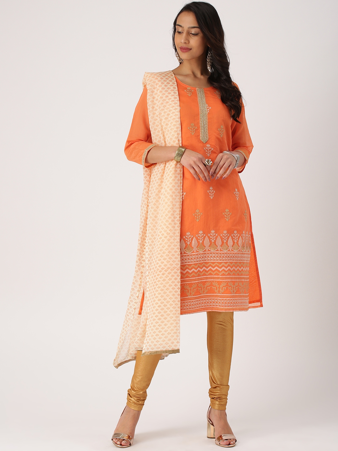 Buy IMARA Women Orange & Self Design Kurta With Churidar & Dupatta ...
