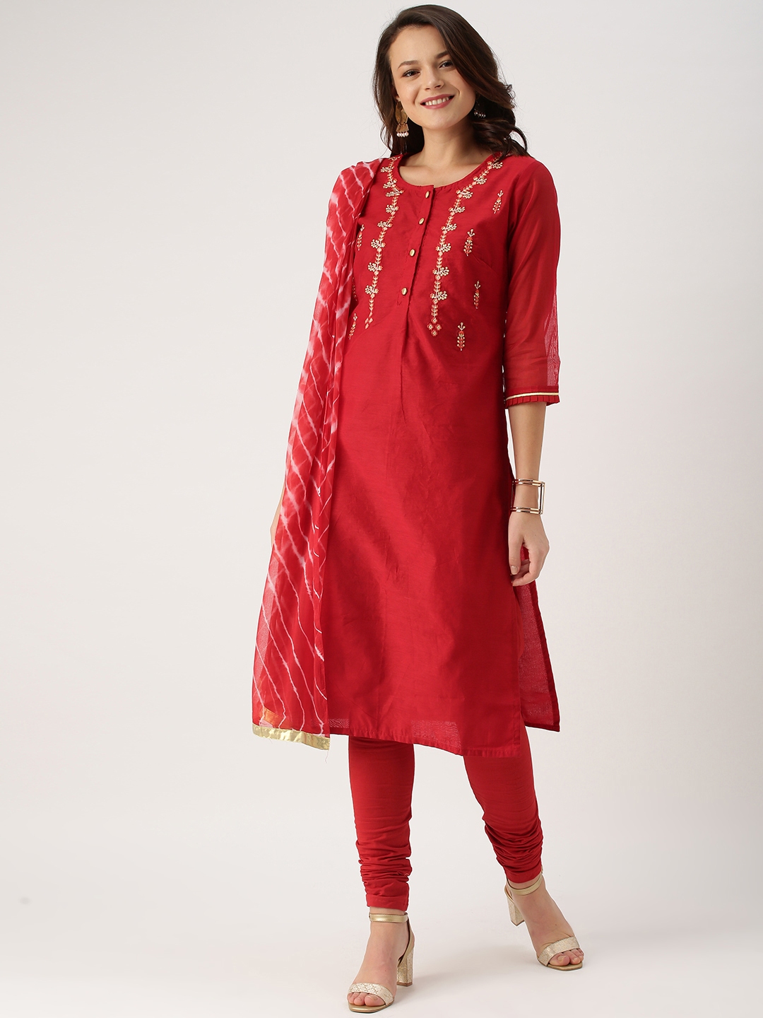 Buy IMARA Women Red Embroidered Kurta With Churidar & Dupatta - Kurta ...