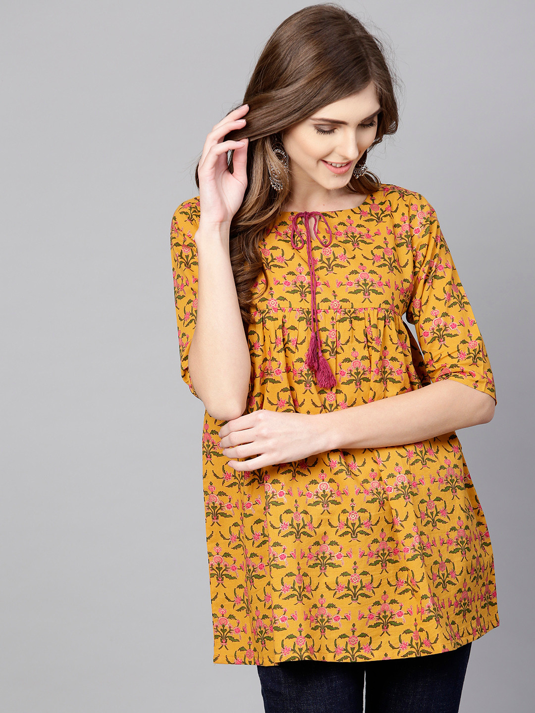Buy Libas Women Mustard Yellow & Pink Printed Pure Cotton A Line Pure