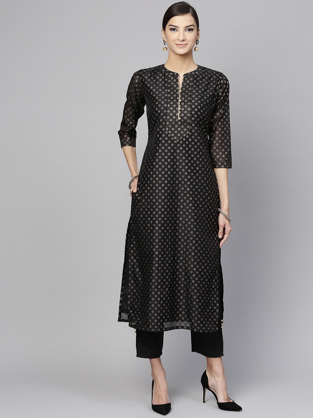 Buy Libas Women Black & Golden Printed Kurta With Trousers - Kurta Sets ...