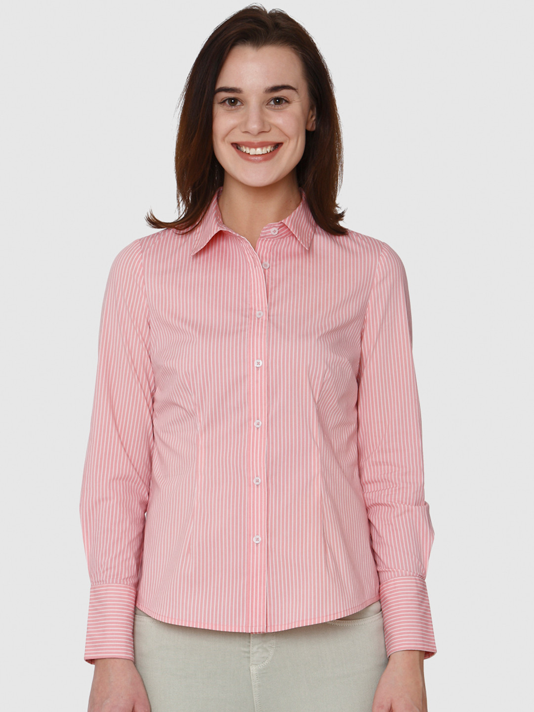 Buy Vero Moda Women Pink & White Regular Fit Striped Formal Shirt