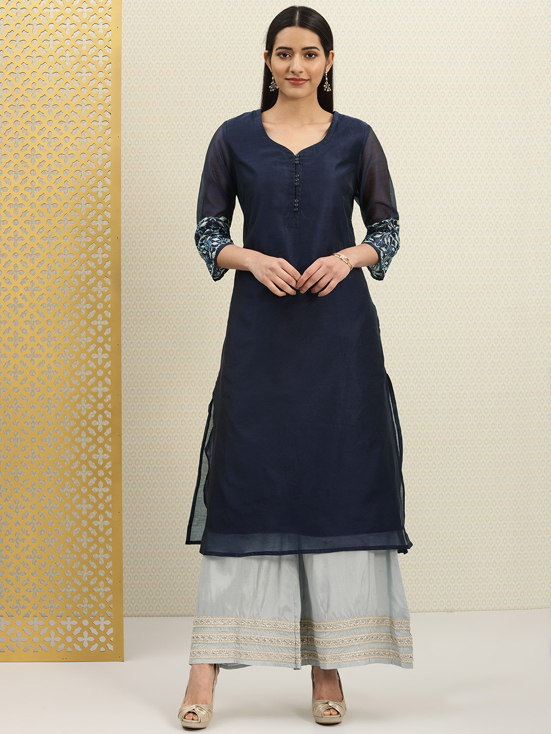 Buy House Of Pataudi Women Navy Blue Solid A Line Kurta Kurtas for