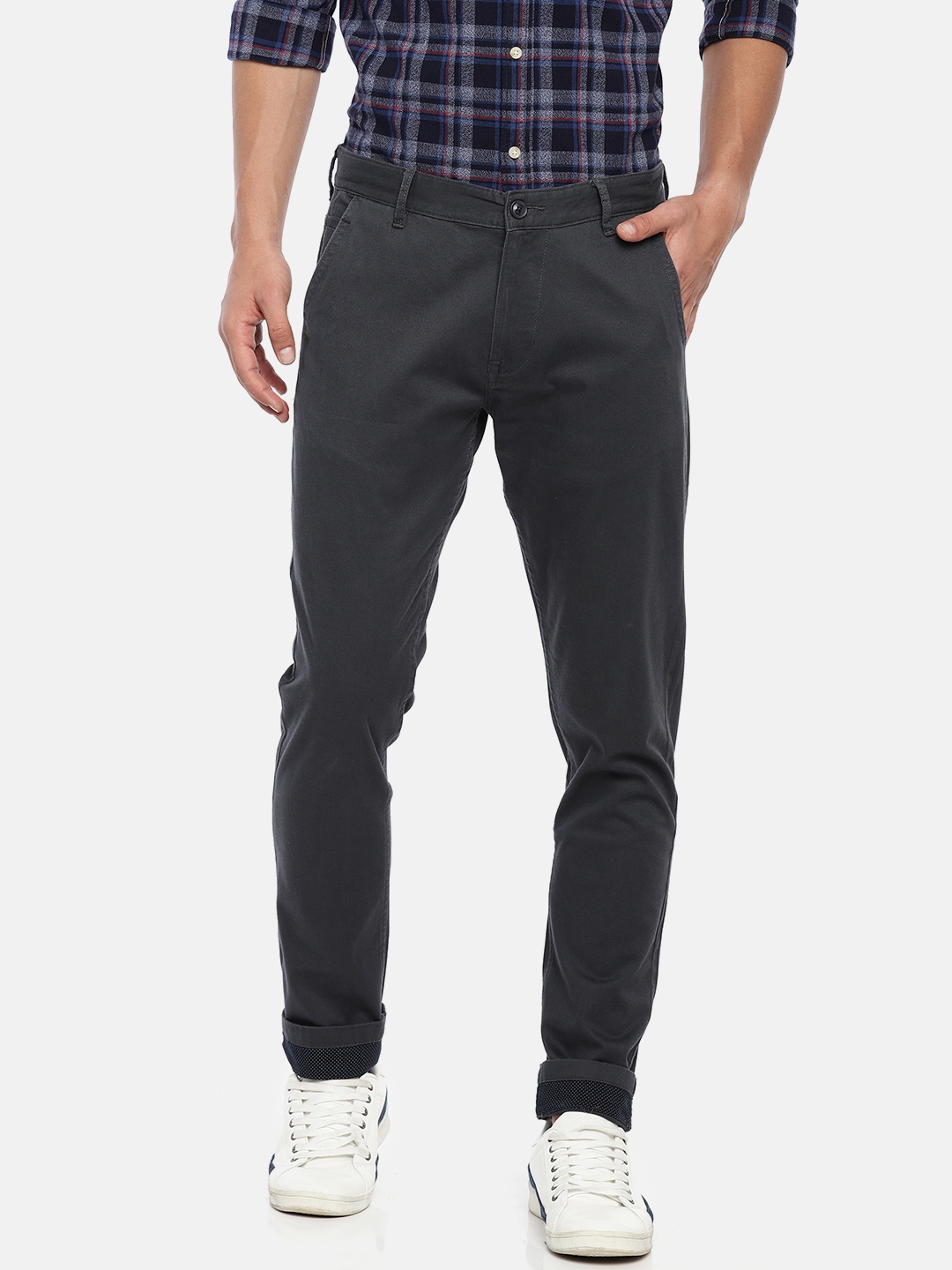 Buy People Men Charcoal Grey Slim Fit Solid Chinos - Trousers for Men ...