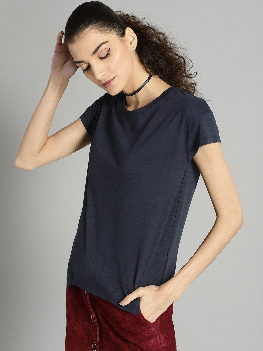 Buy Roadster Women Navy Blue Solid Round Neck T Shirt - Tshirts for ...