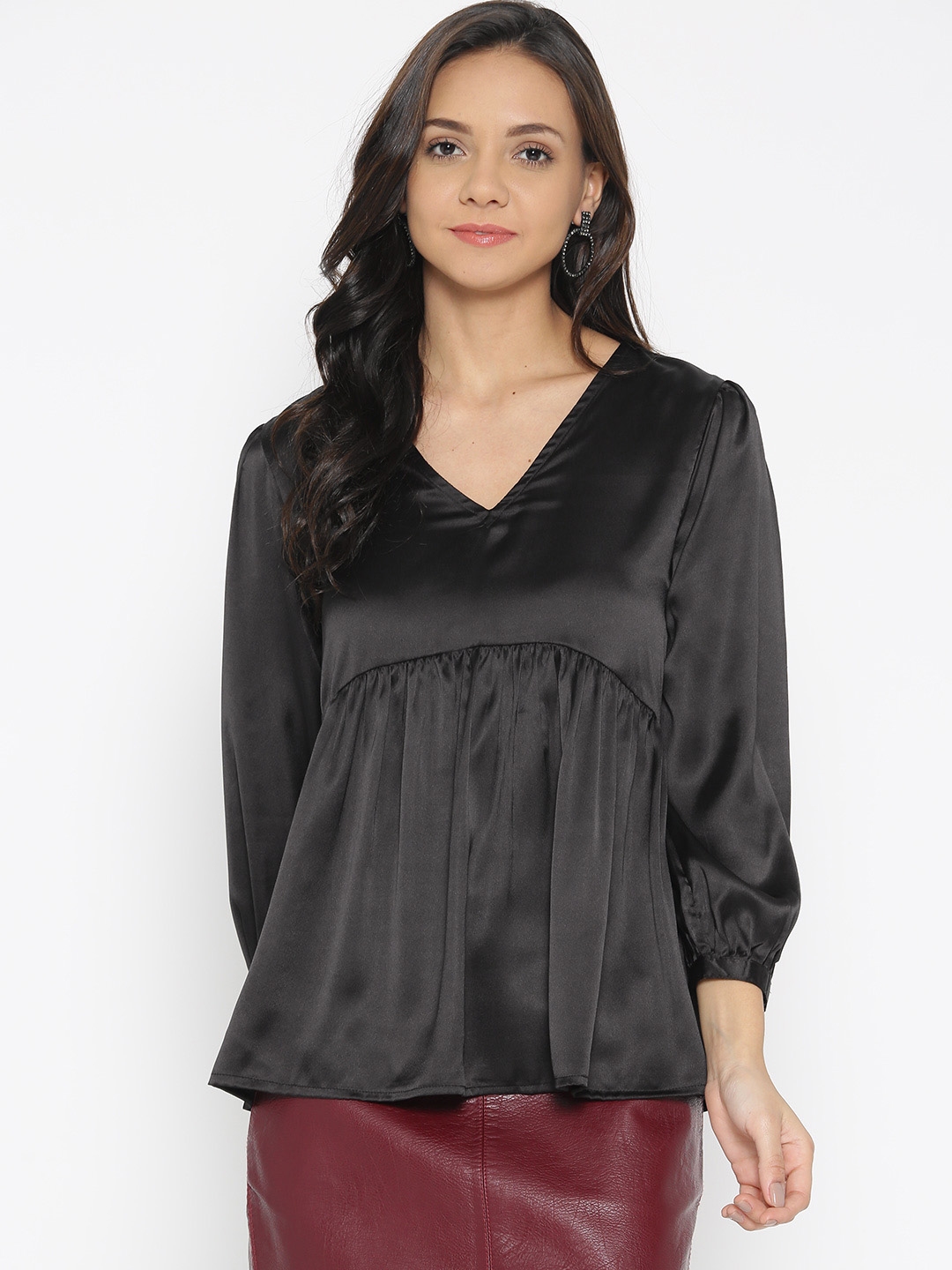 Buy Rue Collection Women Black Solid Satin Finish A Line Top - Tops for ...