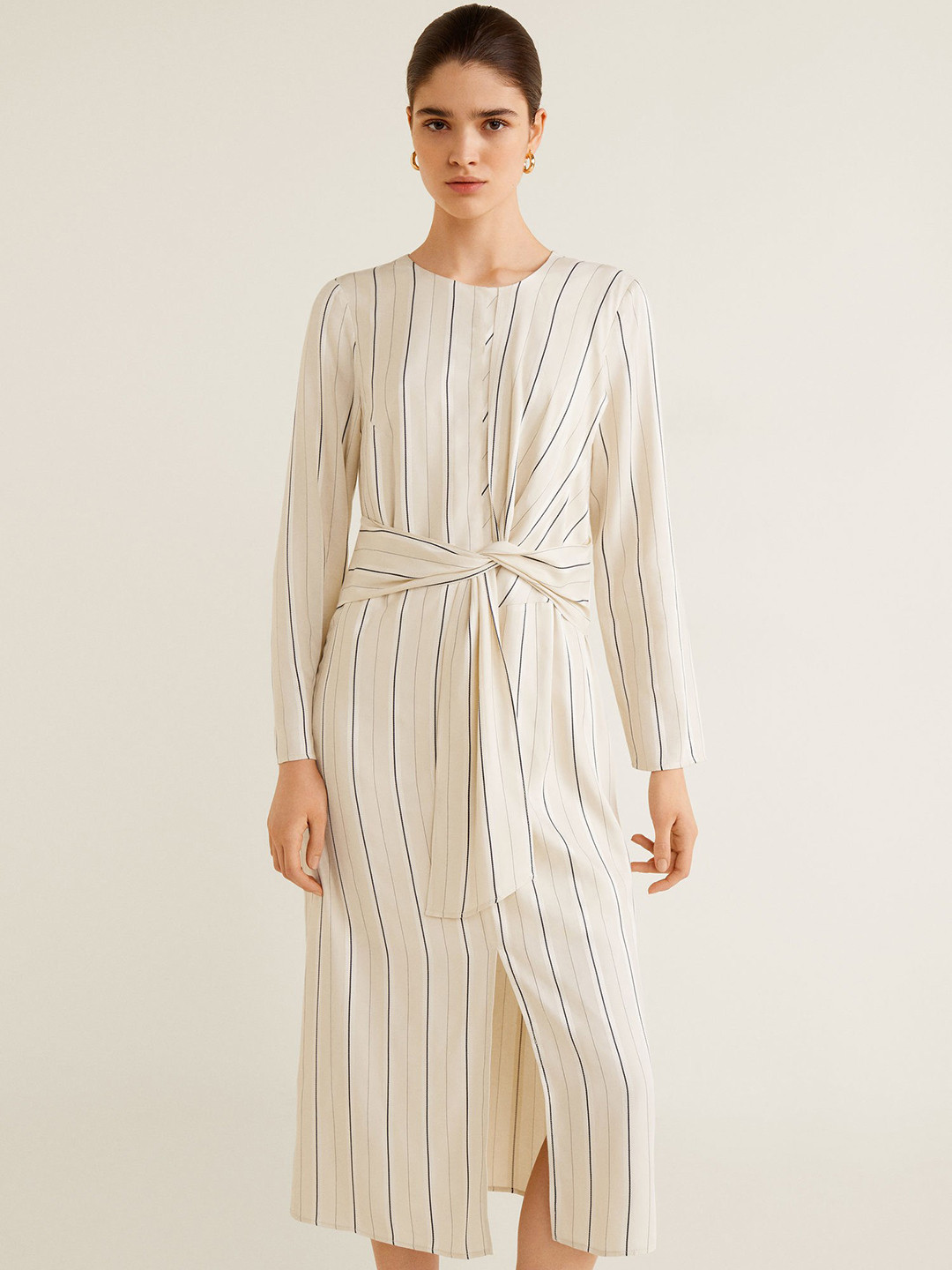Buy MANGO Women Off White & Navy Blue Striped Midi Sheath