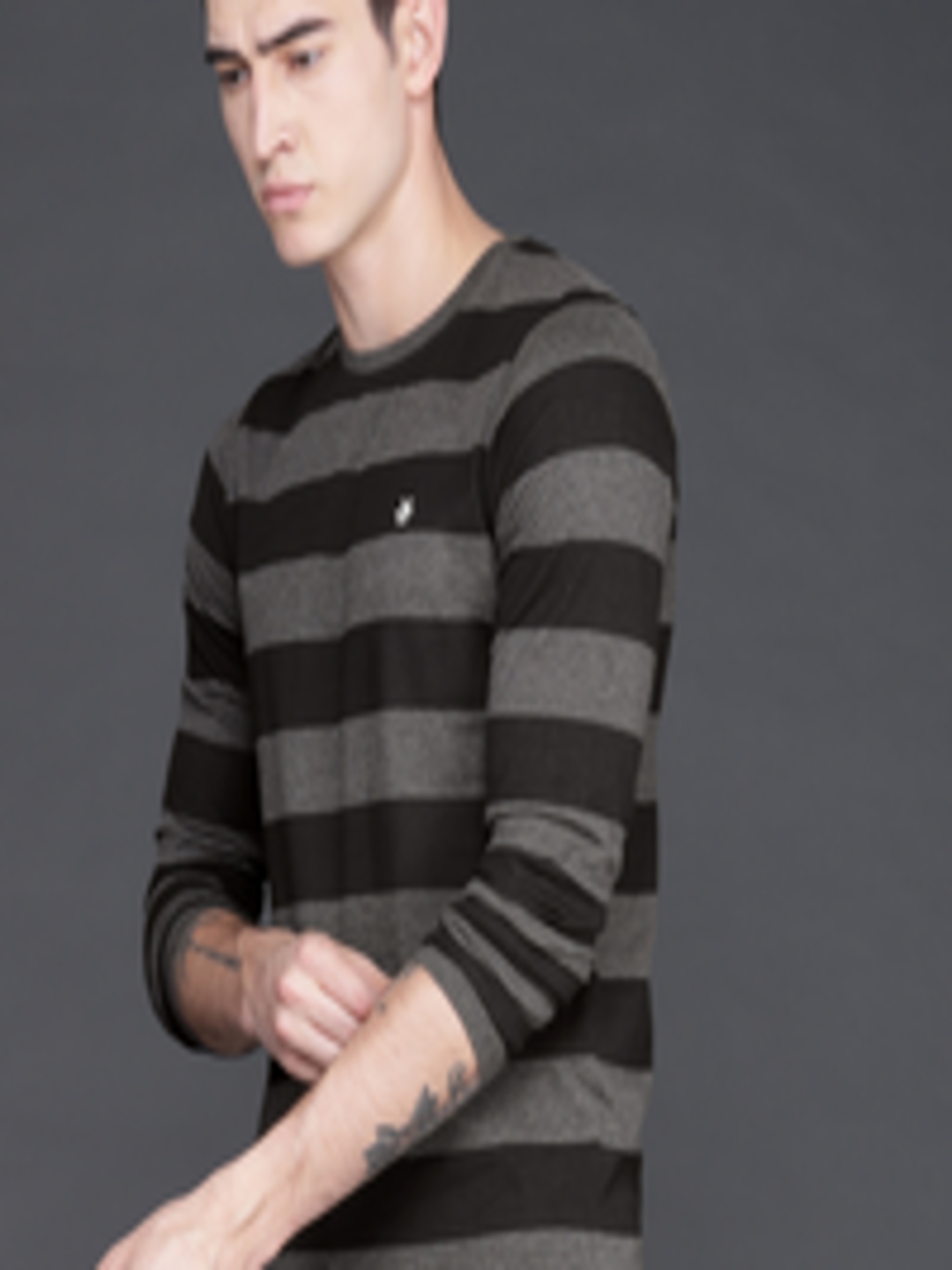 Buy WROGN Men Black & Charcoal Grey Striped Round Neck T Shirt ...