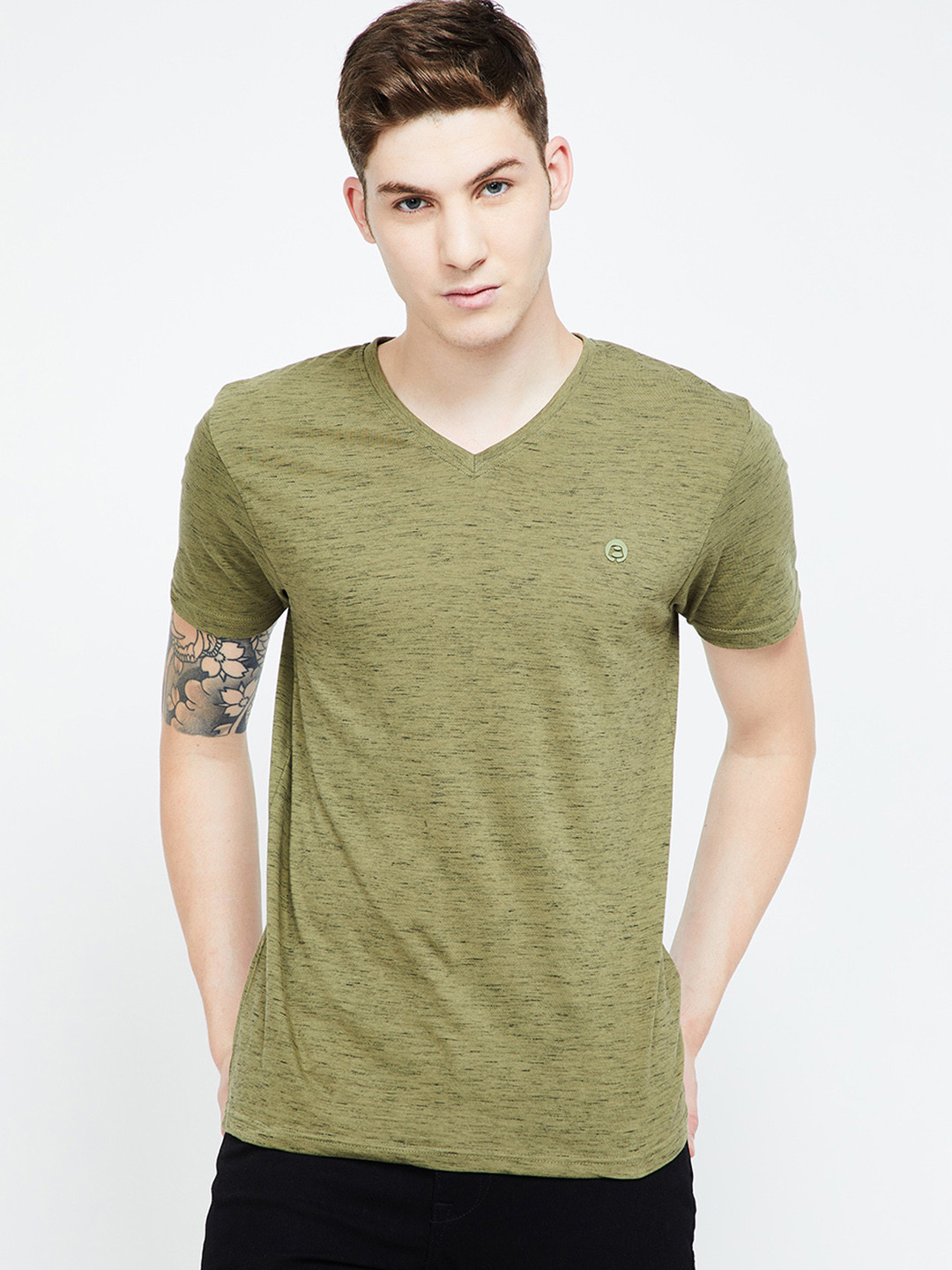 Buy Bossini Men Olive Green Solid V Neck Pure Cotton T Shirt Tshirts