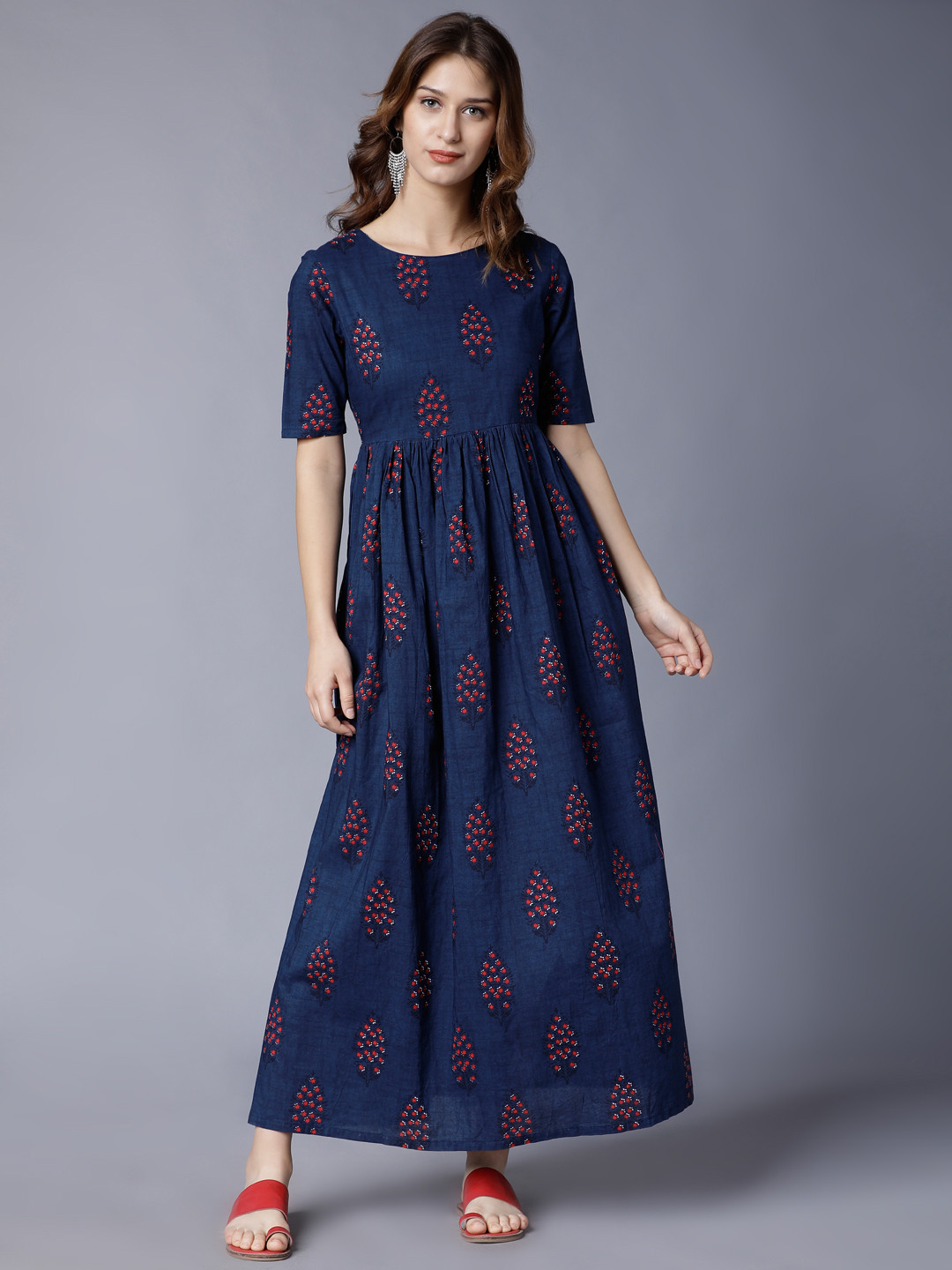 Buy Vishudh Navy Blue Ethnic Motifs Printed Cotton Maxi Dress Ethnic