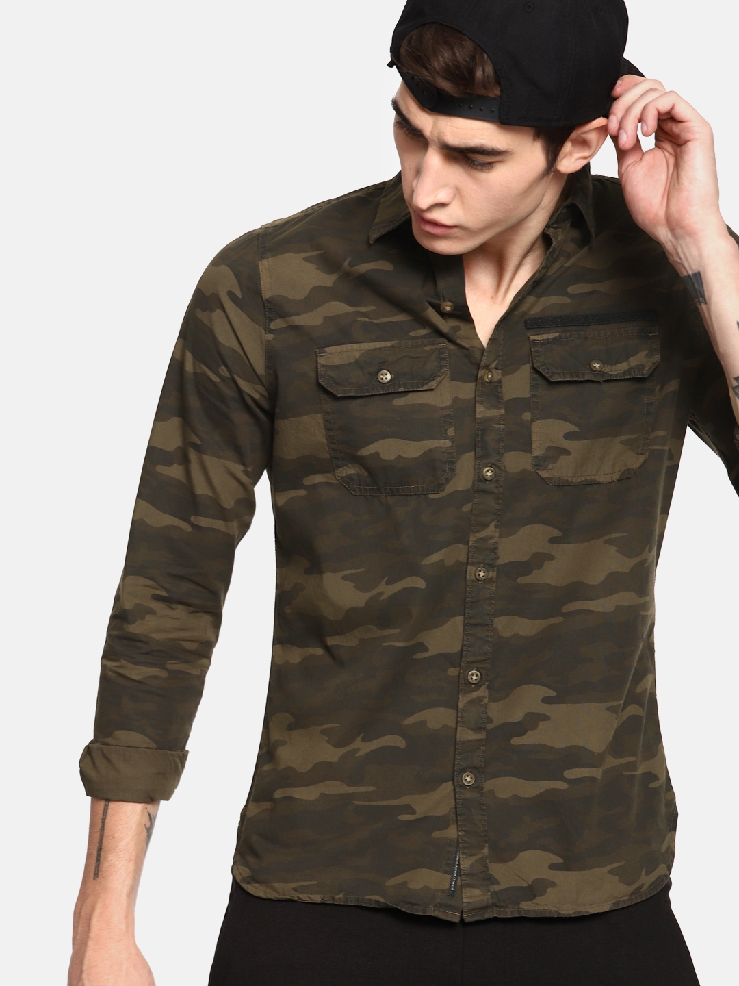 Buy SINGLE Men Olive Green Slim Fit Printed Casual Shirt - Shirts for ...