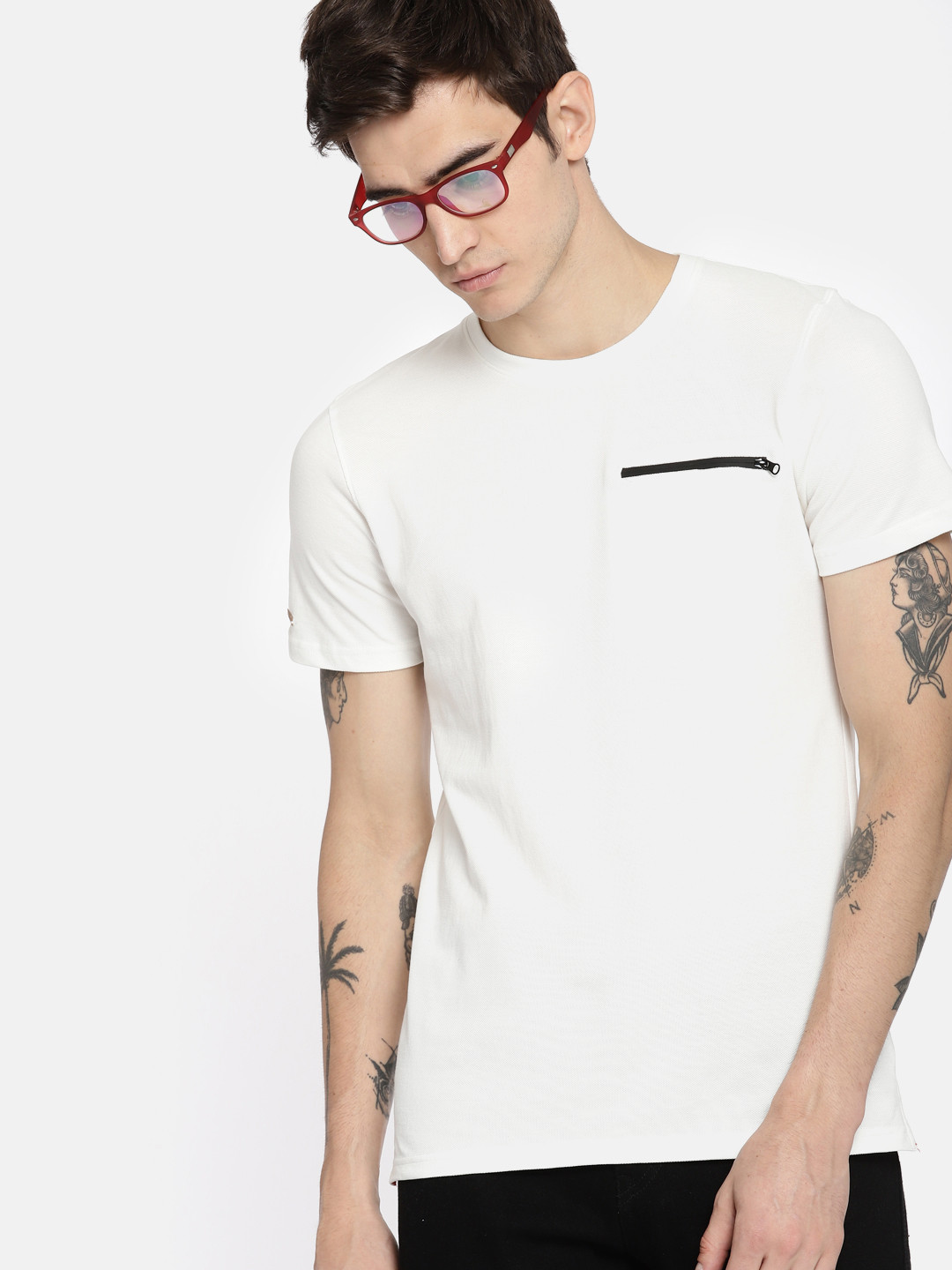 Buy SINGLE Men White Solid Round Neck Pure Cotton T Shirt With A Zip
